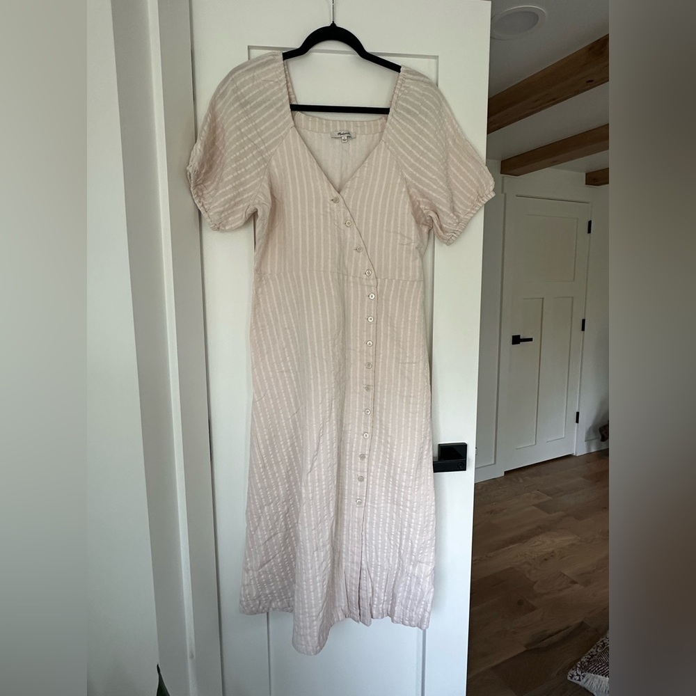 Madewell Puff-Sleeve Button-Wrap Midi Dress in Undyed Stripe - Size 6